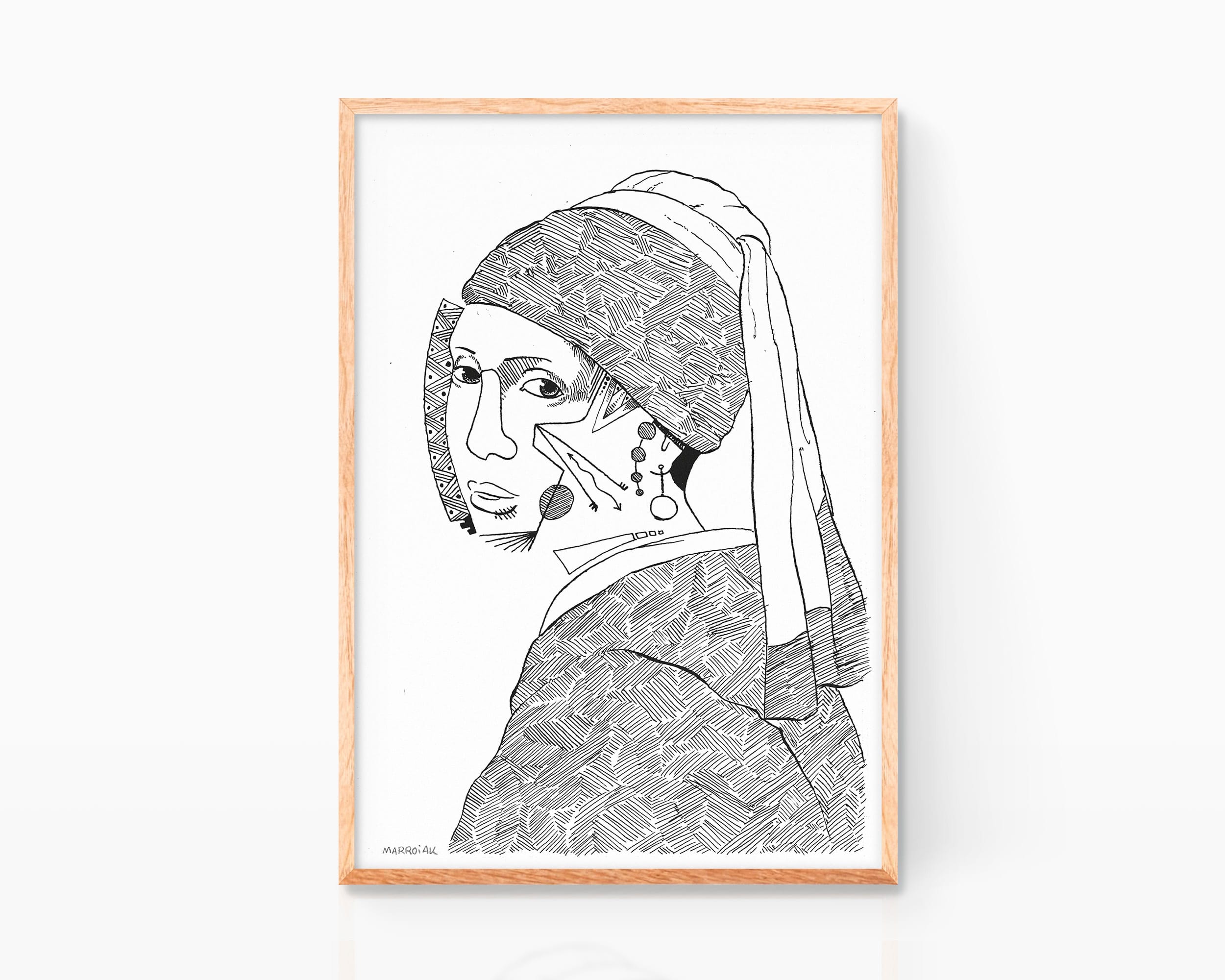 Decorative picture to frame drawing The Girl with the Pearl Johannes Vermeer. Print Art Remixes black and white drawing