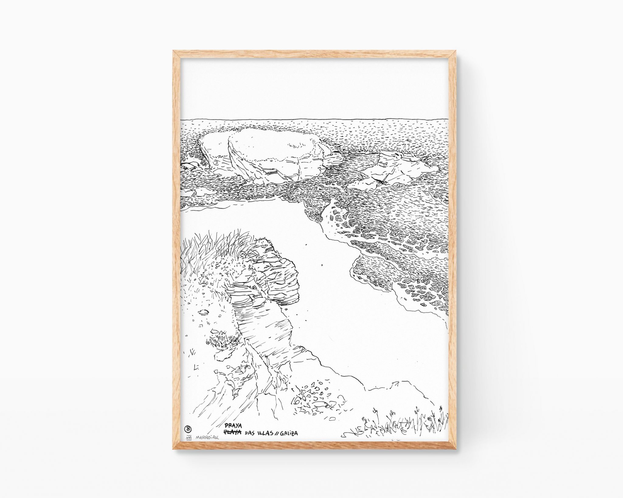 ガリシア絵画：ルーゴのプライア・ダス・イラス（カバラール海岸）。額装用の装飾プリント。紙にインクとペンで描かれた白黒イラスト。スペインの風景画。.