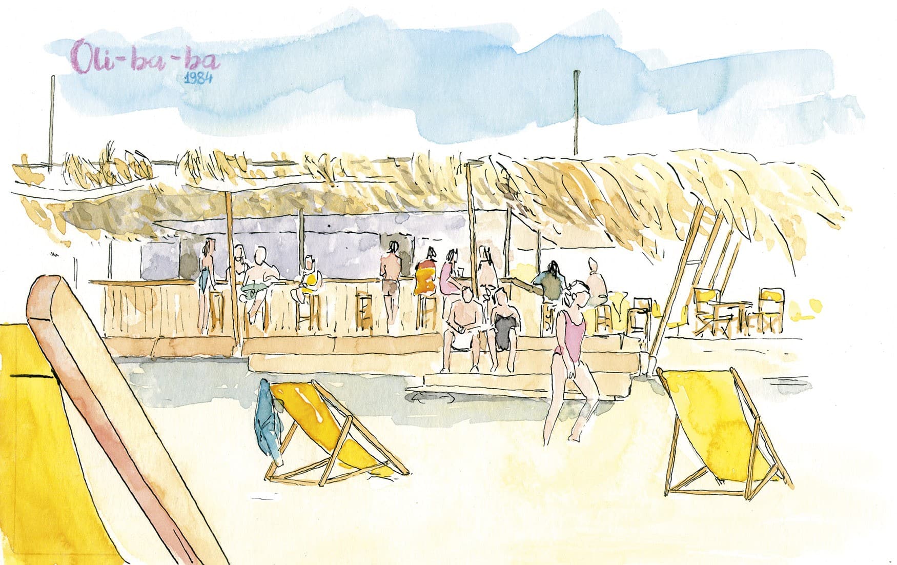 Watercolor drawing of the oli-ba-ba beach bar at Oliva beach, Valencia, Spain