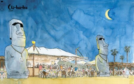 Night illustration of the beach club of Oliva Oliba-ba beach in the province of Valencia and the region of La Safor.