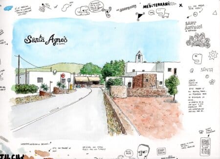 Disegno del villaggio di Santa Angés a Ibiza, Isole Baleari. Acquerello su carta. Schizzo
