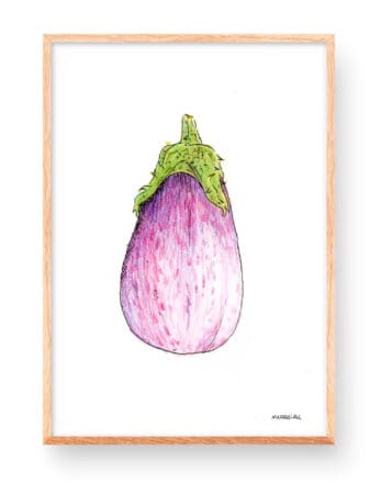 Watercolor drawing of an eggplant in the collection of vegetable sheets for kitchens.