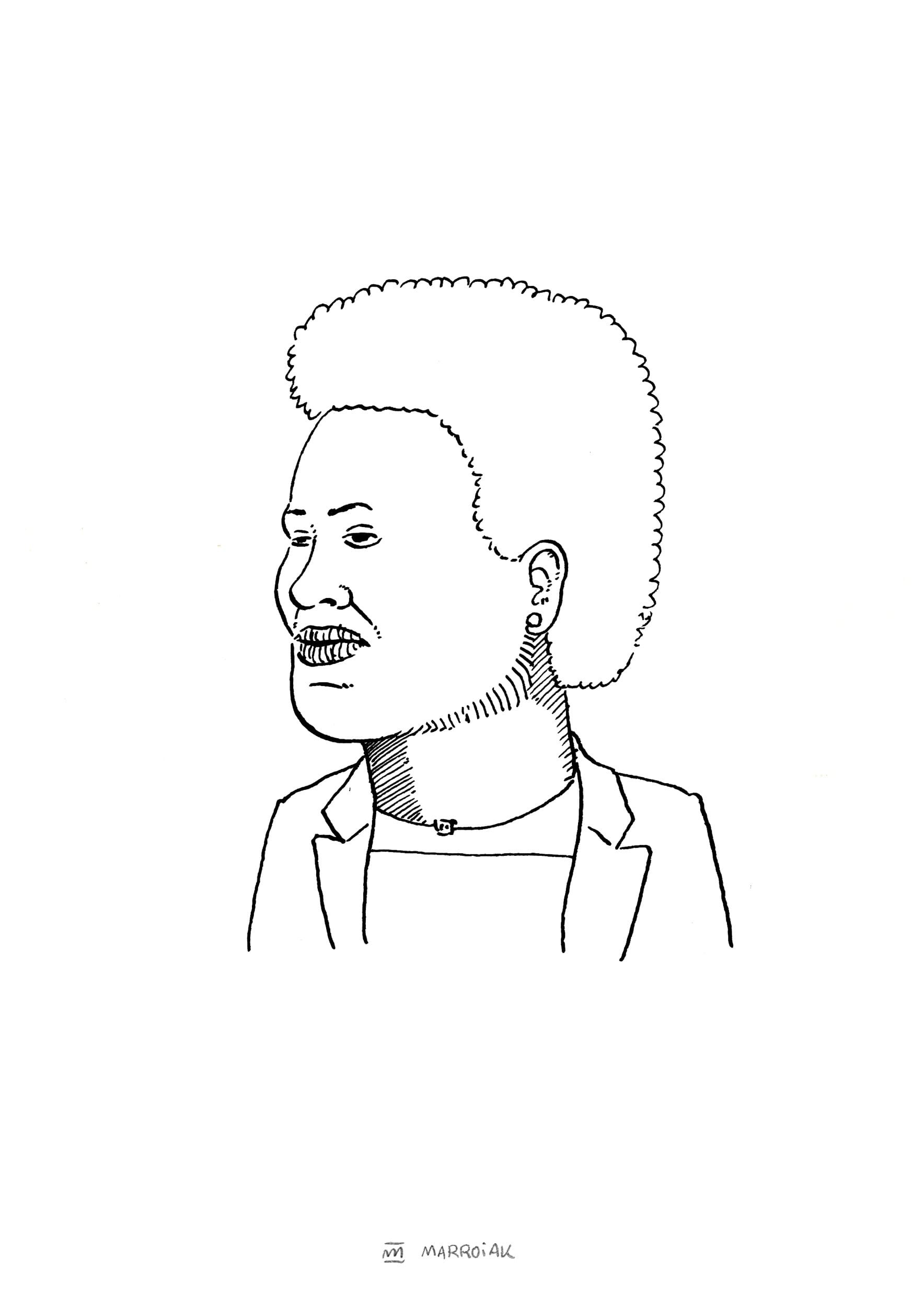 ルワンダ大臣ソリナ・ニラハビマナの紙に描かれたインクの肖像画。.