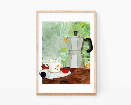 Cuadro para cocina: lámina con un dibujo en acuarela de una cafetera y una taza de café. Póster ilustración de Marroiak