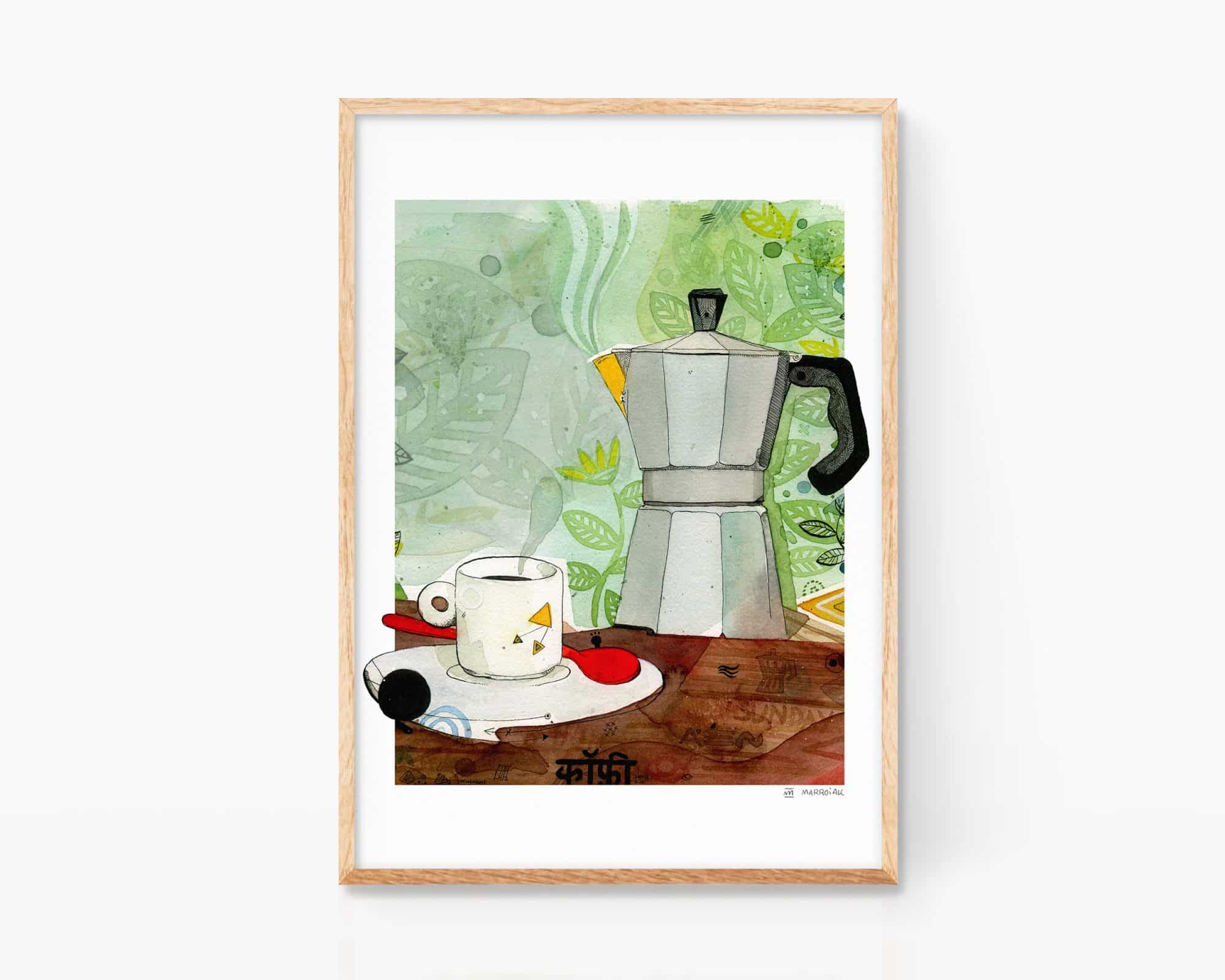 Keukenkunst: een print met een aquareltekening van een koffiezetapparaat en een kop koffie. Marroiak illustratieposter