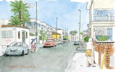 Drawings of towns of Valencia. Decorative print with an illustration of Carrer Mare de Deu del Mar (Virgin of the Sea) at the beach of oliva, Safor region (Valencia). Watercolor urban sketchers Spain style.