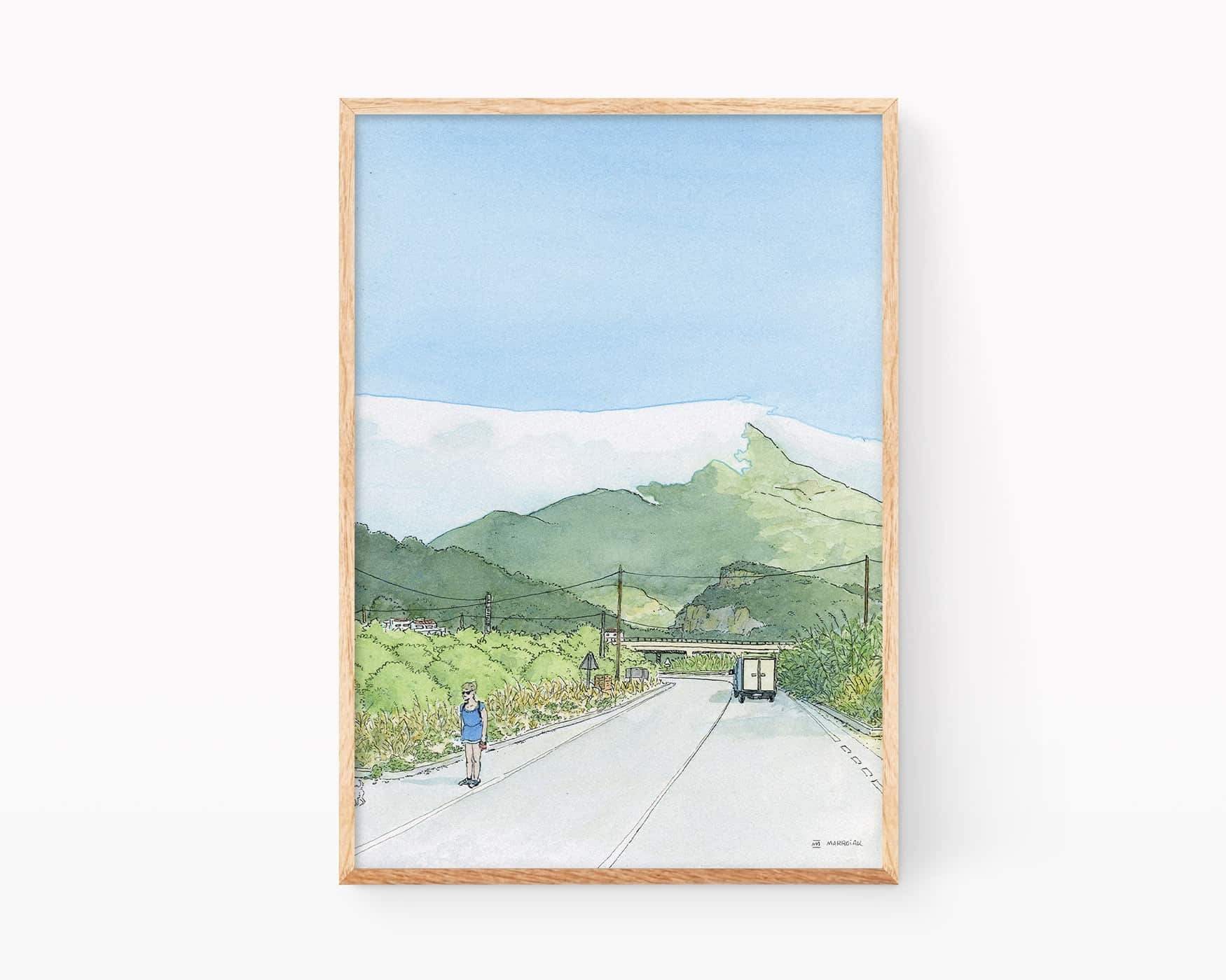 Dibujo De camí a Marxuquera desde Gandía a Barx con el Mondúber arropado por una nube. Paisaje no basado en foto en acuarela sobre la comarca de la Safor en Valencia en estilo ukiyo-e. Paisaje original