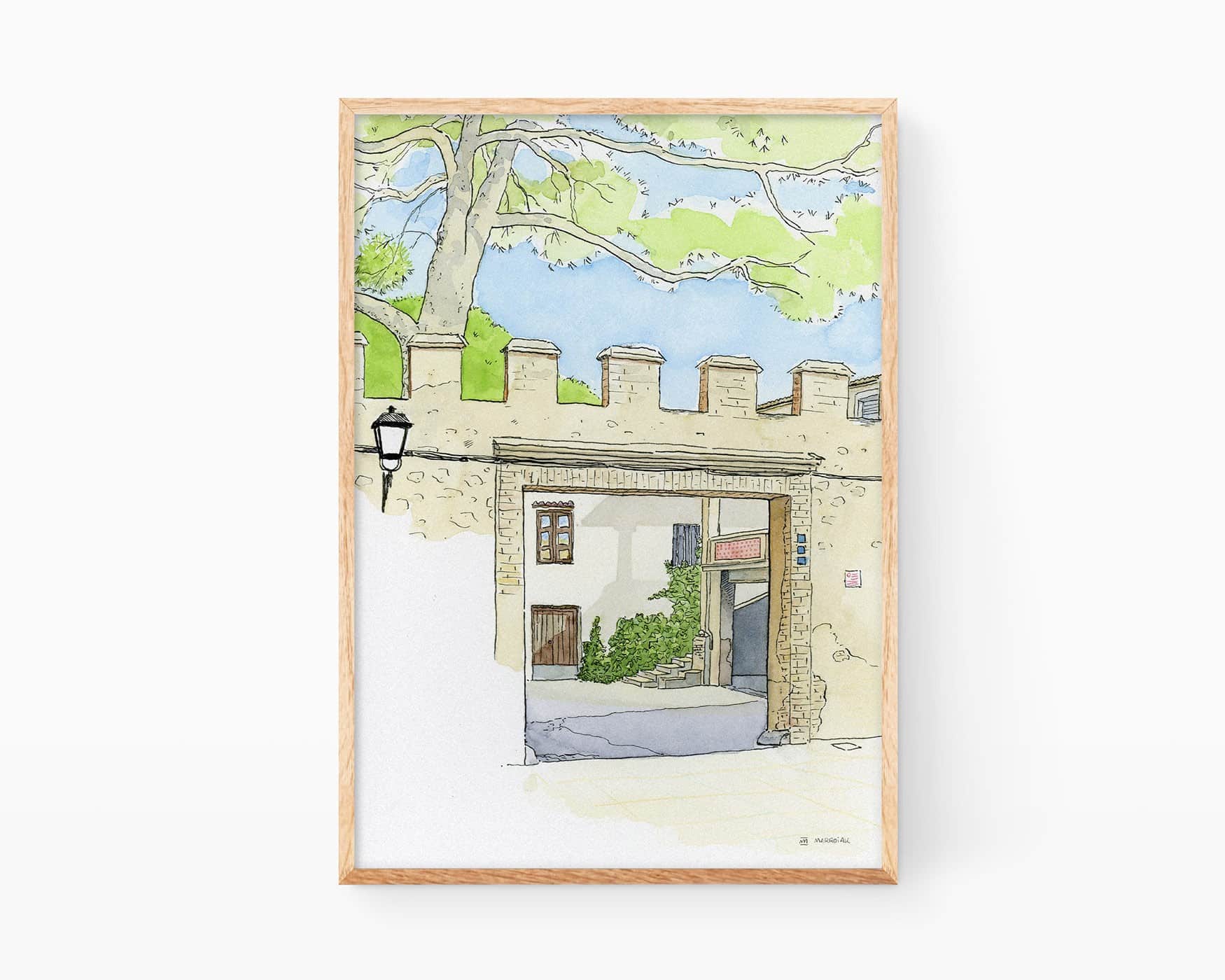 Landscape drawings of villages of Valencia. Watercolor print of the wall of the palace of the Counts of Rótova (La Safor, Valencian Community, Spain).