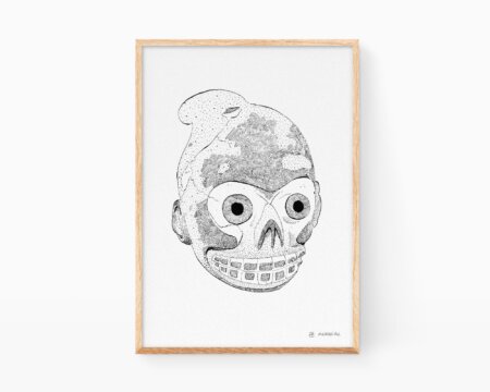 Druck einer Zeichnung einer Maya- und Azteken-Skulptur. Schwarz-Weiß-Druck von Stammesmasken für ethnische und exotische Dekorationen.