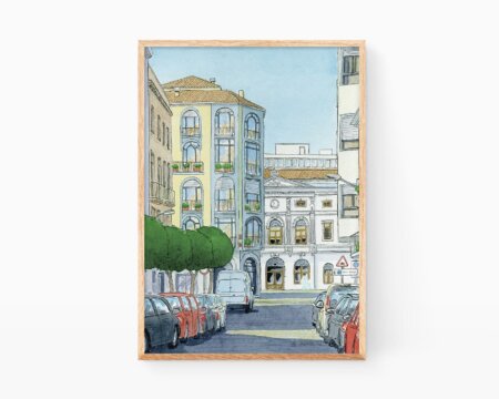バレンシア州タベルネス・デ・ラ・ヴァルディニャの街並みを描いたスケッチ。通りと市庁舎広場。アーバンスケッチャーズによる水彩画。