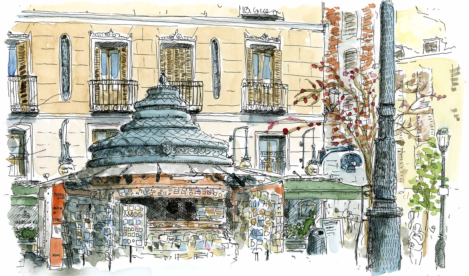 Plaza Isabel II. Kiosk in Madrid, getekend door urban sketchers.