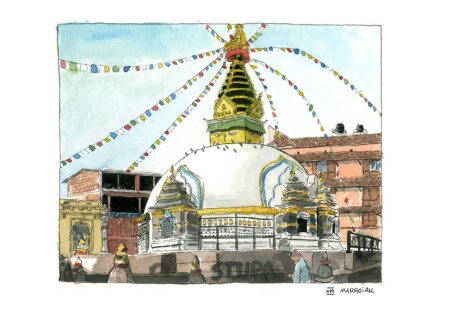 Stampa artigianale firmata con l'illustrazione dello stupa di Kathesimbu a Kathmandu, in Nepal.