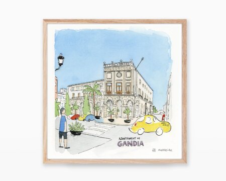 Stampa con illustrazione a inchiostro e acquerello su carta dell'edificio del municipio di Gandia nel centro storico. Villaggi di La Safor