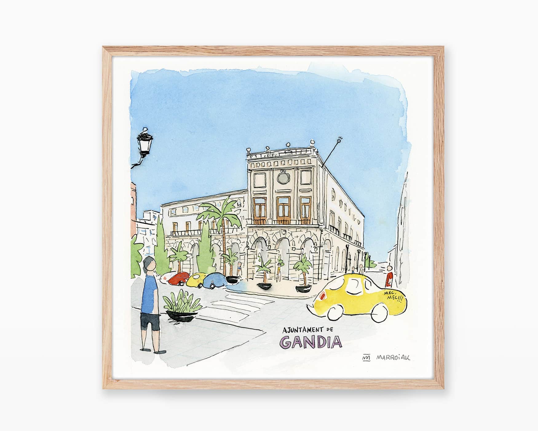 Stampa con illustrazione a inchiostro e acquerello su carta dell'edificio del municipio di Gandia nel centro storico. Villaggi di La Safor