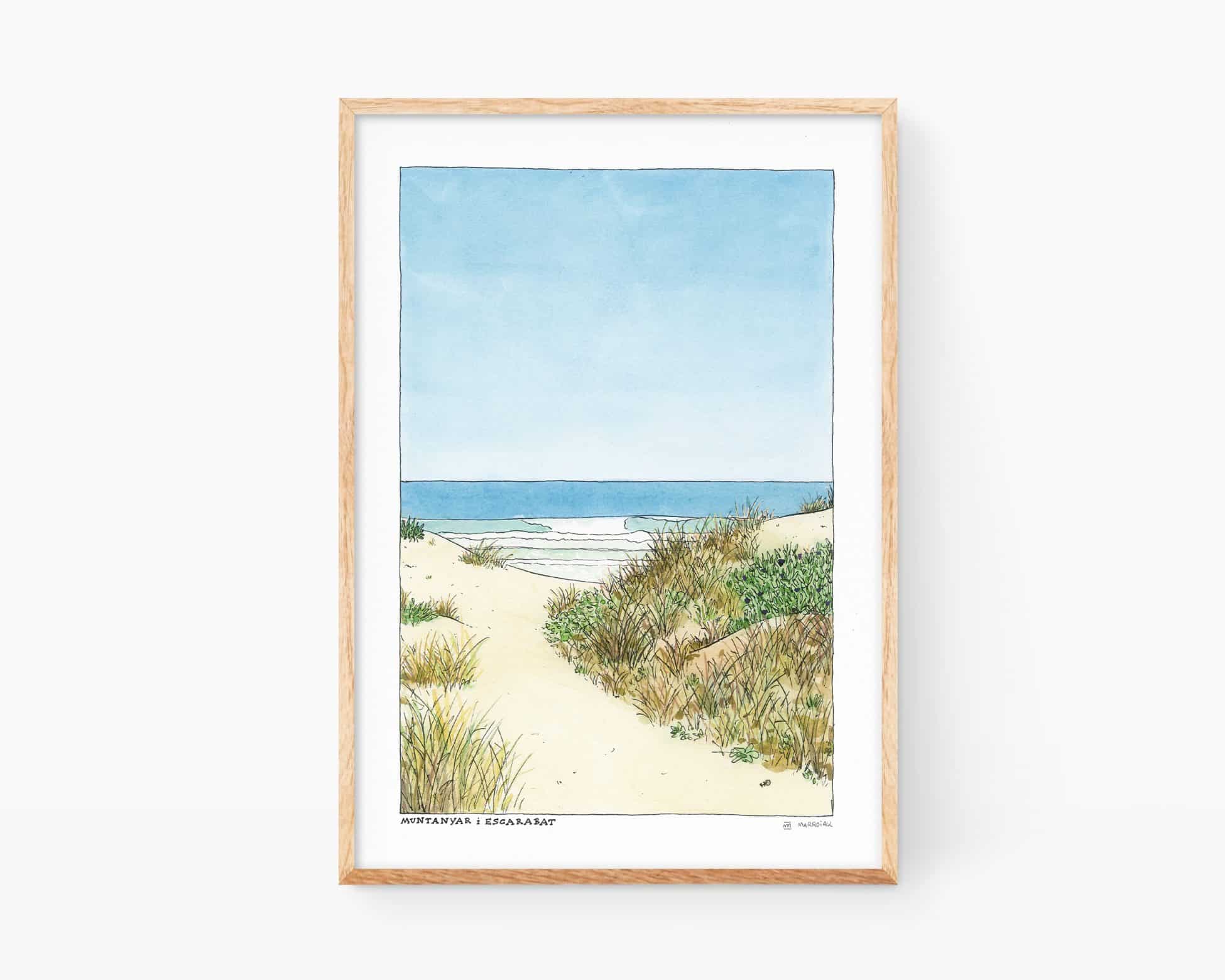 Wall art print with a landscape of a Valencian sandy beach in Oliva (La Safor). Watercolor illustration painting with dunes, waves and a blue sky.