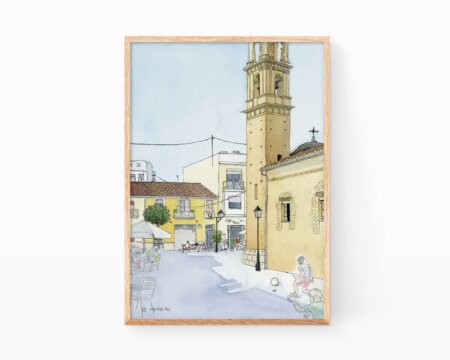 Drawings villages of Valencia. Print with a watercolor illustration of Almoines municipality in the region of La Safor.