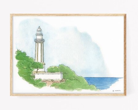 Disegni di Alicante. Stampa con illustrazione ad acquerello del faro di San Antonio a Jávea (Xàbia), Marina Alta, Alicante. Dipinti decorativi di paesaggi spagnoli.