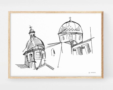 Decorative plate with a black and white drawing of the plate with an illustration of the church Parroquia De Nuestra Señora Del Consuelo in Altea (Alicante).