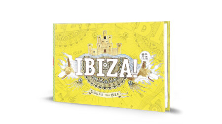 Illustrated comic cover of Ibiza with watercolor landscapes and drawings of the island (Urban sketchers Spain style). Travel souvenirs