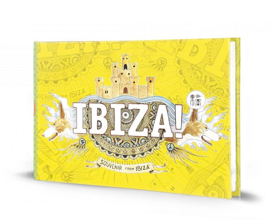 Portada cómic ilustrado de Ibiza con paisajes en acuarela y dibujos de la isla (estilo Urban sketchers España). Souvenirs de viaje