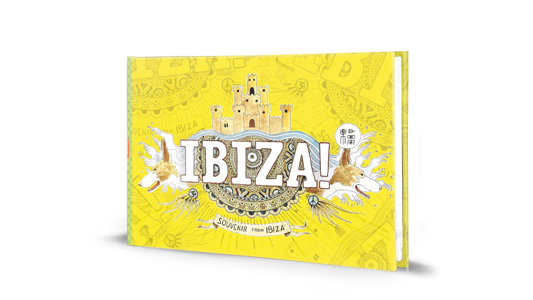 Illustrated comic cover of Ibiza with watercolor landscapes and drawings of the island (Urban sketchers Spain style). Travel souvenirs