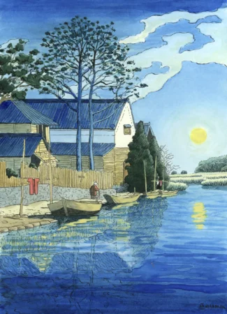 NIGHT IN THE VILLAGE ukiyo-e. Auction of original art with a hasui kawase version.