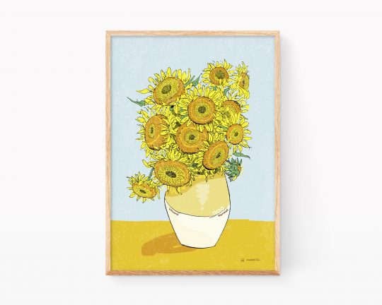 Signed giclee print with a version of Van Goghs Sunflowers illustration