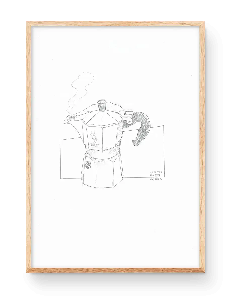 Subasta de un dibujo original de la cafetera bialetti. Boceto a lapiz