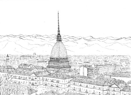Disegno raffigurante una veduta della Mole Antonelliana nella città di Torino, Italia. Inchiostro bianco e nero.
