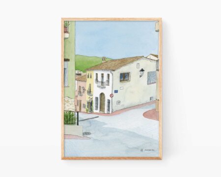 Watercolor drawing of the village of Ador in La Safor (Valencia, Spain)