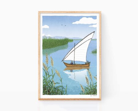 Disegni di Valencia. Stampa con un'illustrazione realizzata a mano del Parco Naturale dell'Albufera a Valencia. Stampe decorative di arte valenciana con design esclusivi in stile souvenir.