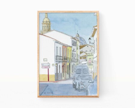 Watercolor Alqueria de la Condesa in La Safor, Valencia. Mediterranean villages