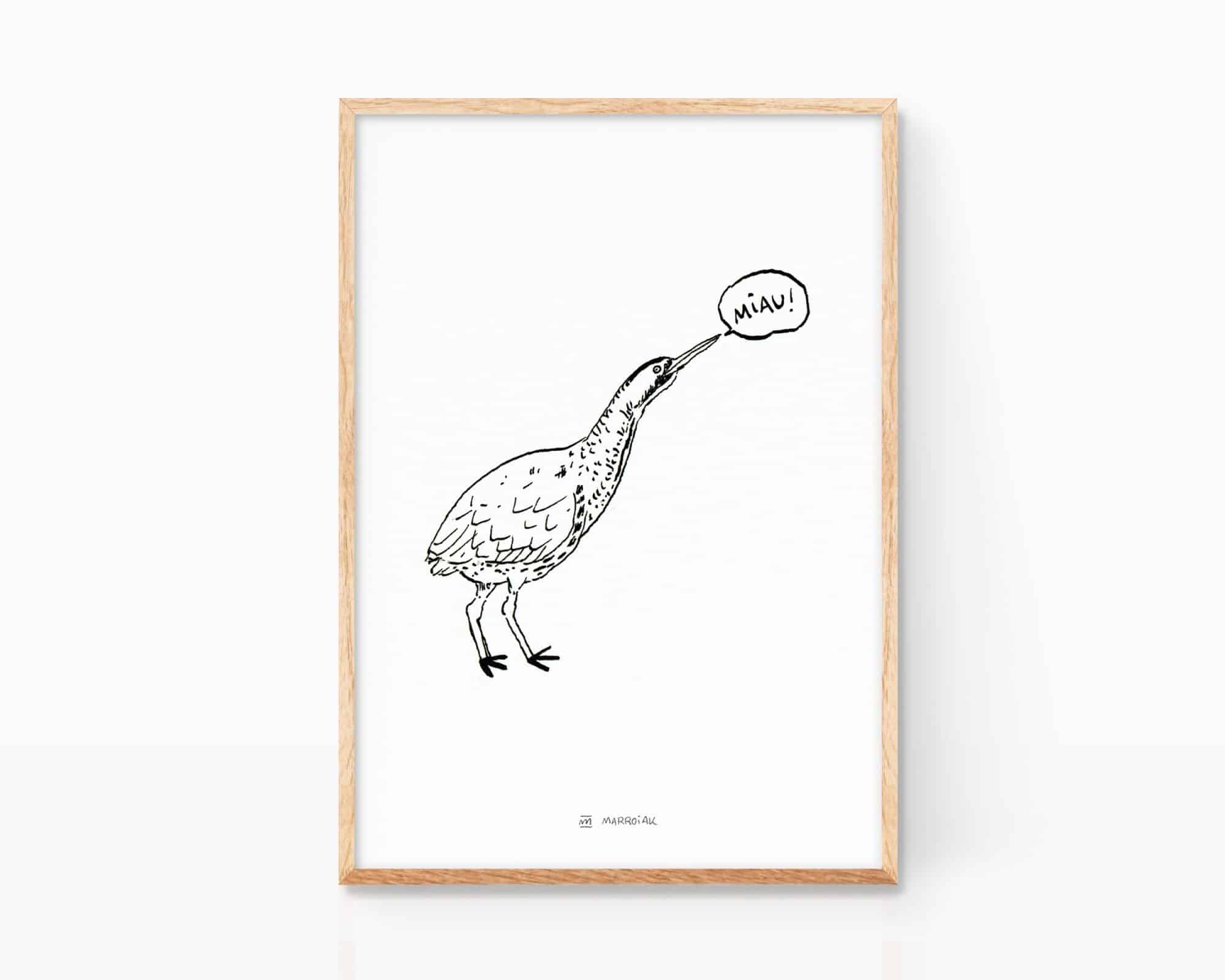 Stampa decorativa a tema naturalistico con l'illustrazione di un tarabuso. Disegni di animali e uccelli per bambini.