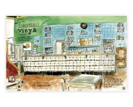 Disegno ad acquerello e inchiostro del bar Bernat Vinya nel comune di Sant Josep de Sa Talaia, Ibiza. Isole Baleari, Spagna. mediterraneo