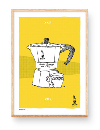 Stampa digitale stampabile con l'illustrazione di una caffettiera italiana Bialetti. Un'opera d'arte decorativa per la cucina, da stampare a casa.