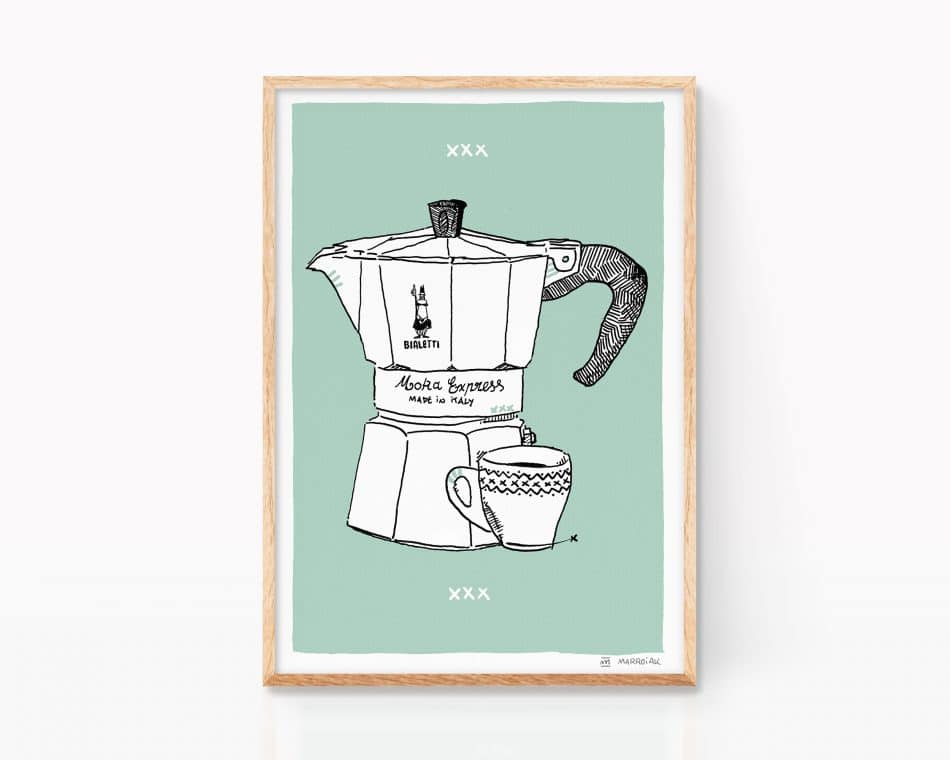 Coffe drawing, Bialetti coffee maker illustration print . Kitchen wall art decor