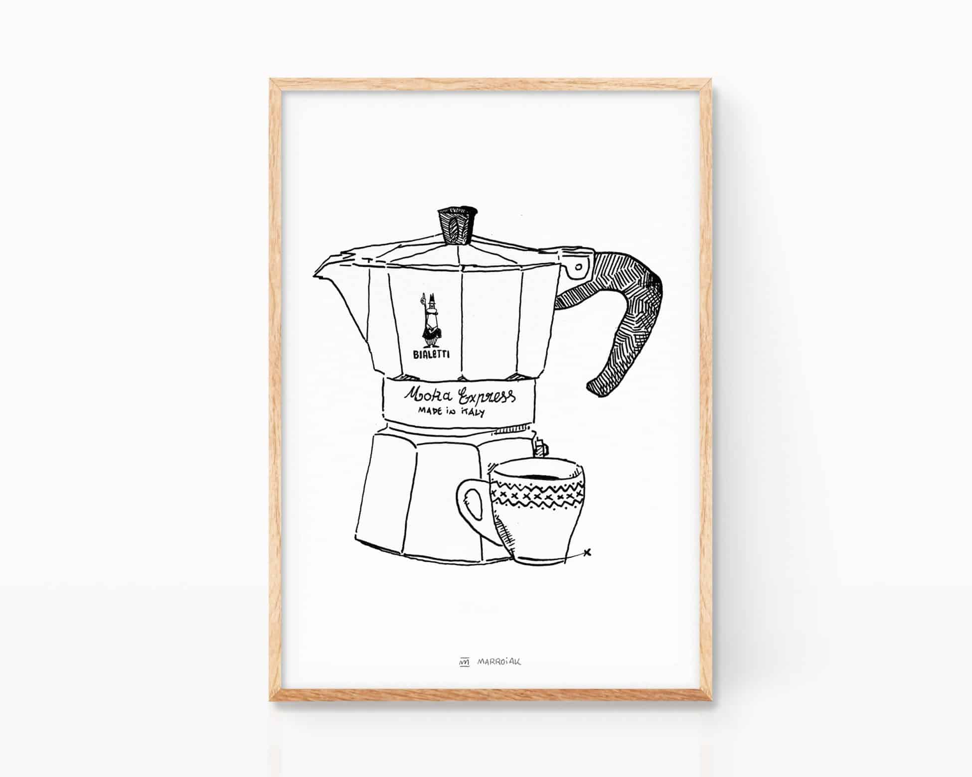Pop Art moka pot poster - Vintage coffee prints - Italian kitchen signs. Bialetti drawing coffee
