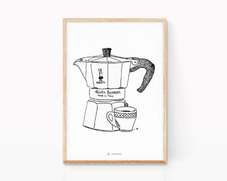 Decorative picture for kitchens with a black and white illustration of an Italian Bialetti coffee maker with a cup of black coffee (espresso). Print for framing Nordic and minimalist design for coffee lovers.