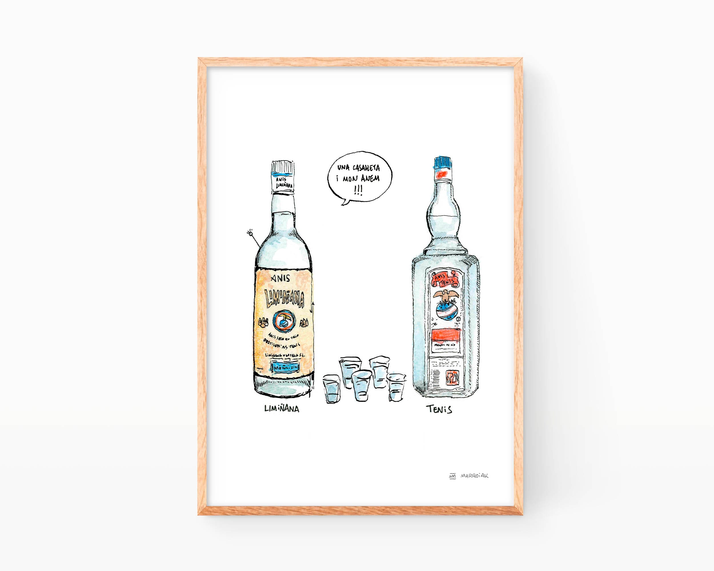 Imagen de unas botellas de casalla Tenis, Limiñana y unos vasos de chupito
