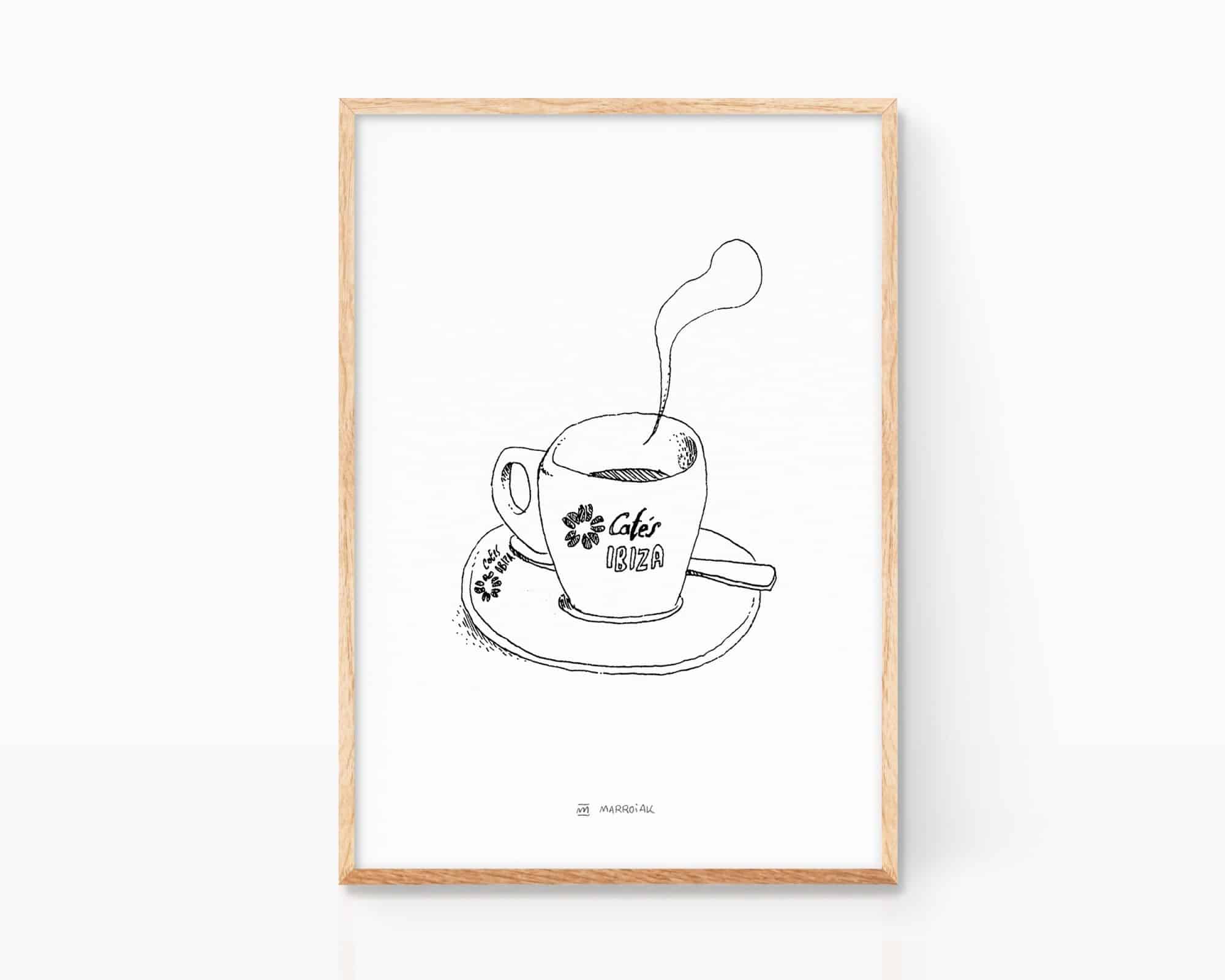 Immagine in bianco e nero dei caffè di Ibiza. Decorazione divertente per caffè e ristoranti di Ibiza.