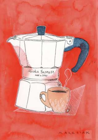 Macchina da caffè con sfondo rosso, asta originale