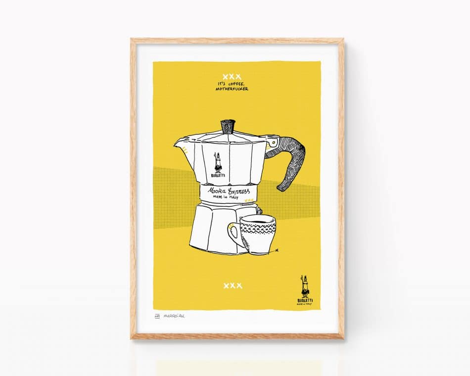 Bialetti coffee maker illustration signed giclée print. Kitchen wall decor Pop Art painting. Coffee lover gift