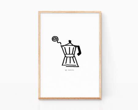 Quadro decorativo da incorniciare con l'illustrazione di una caffettiera italiana minimalista e originale. Una decorazione divertente e in stile nordico per la cucina. Disegno in bianco e nero in stile grunge e Pop Art. Schizzo disponibile per l'acquisto online.
