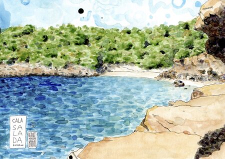 Picture of Ibiza. Decorative print for framing with a watercolor illustration of Cala Salada beach on the Mediterranean island of Ibiza, Balearic Islands (Spain). Exclusive landscape prints available to buy online.