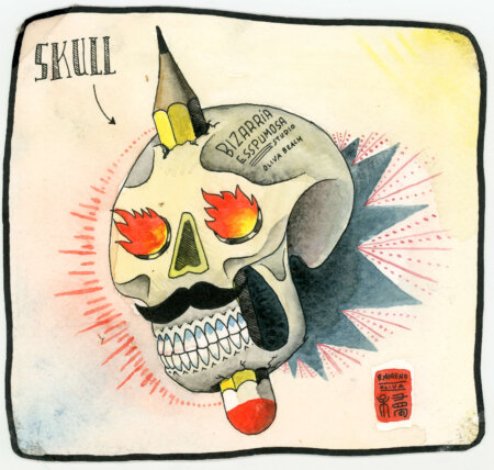 Schädel mit Bleistift, bizarrer Schaum, marroiak. Originalkunstwerk