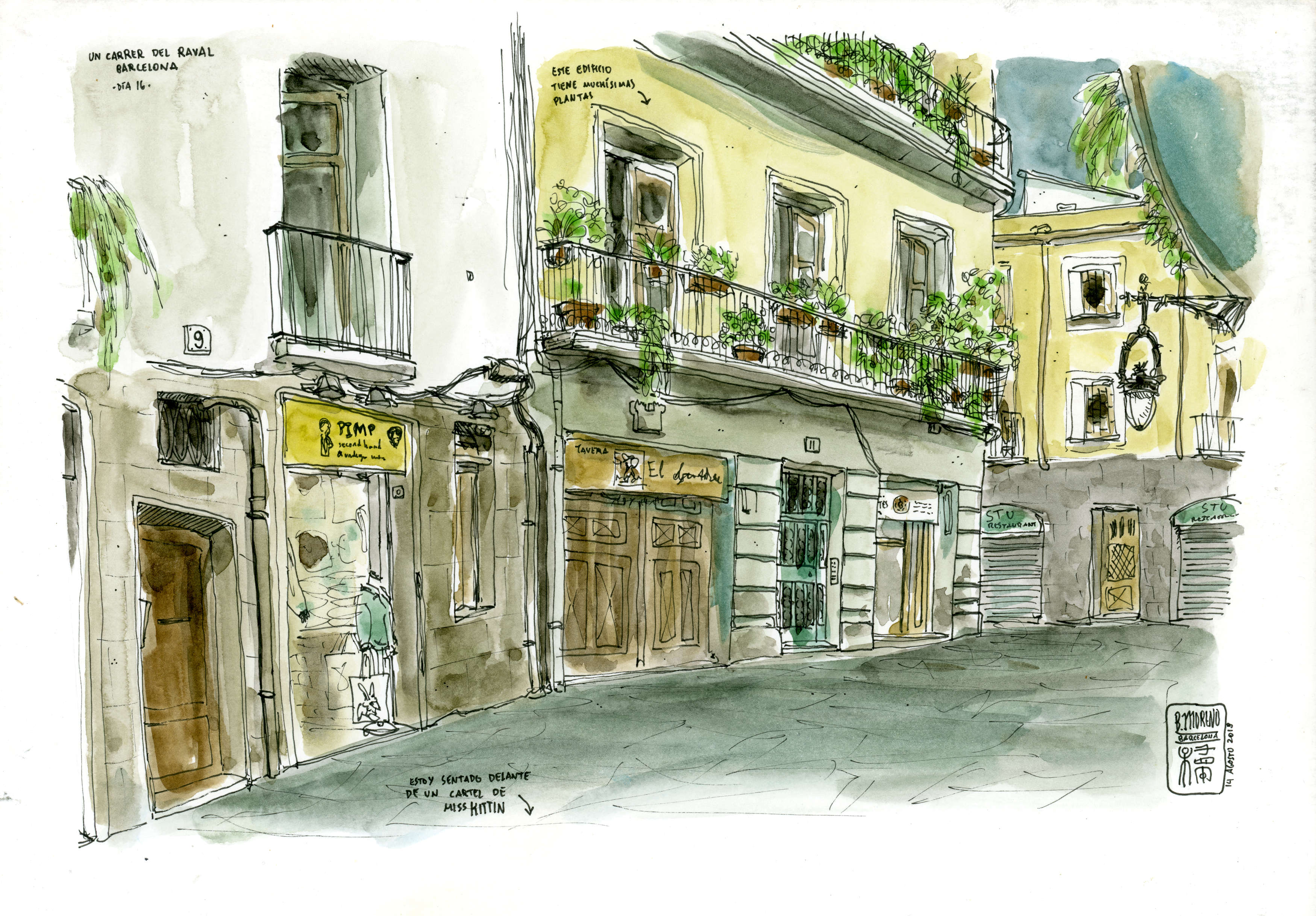 Disegno originale ad acquerello di Carrer del Raval, Barcellona, messo all'asta.