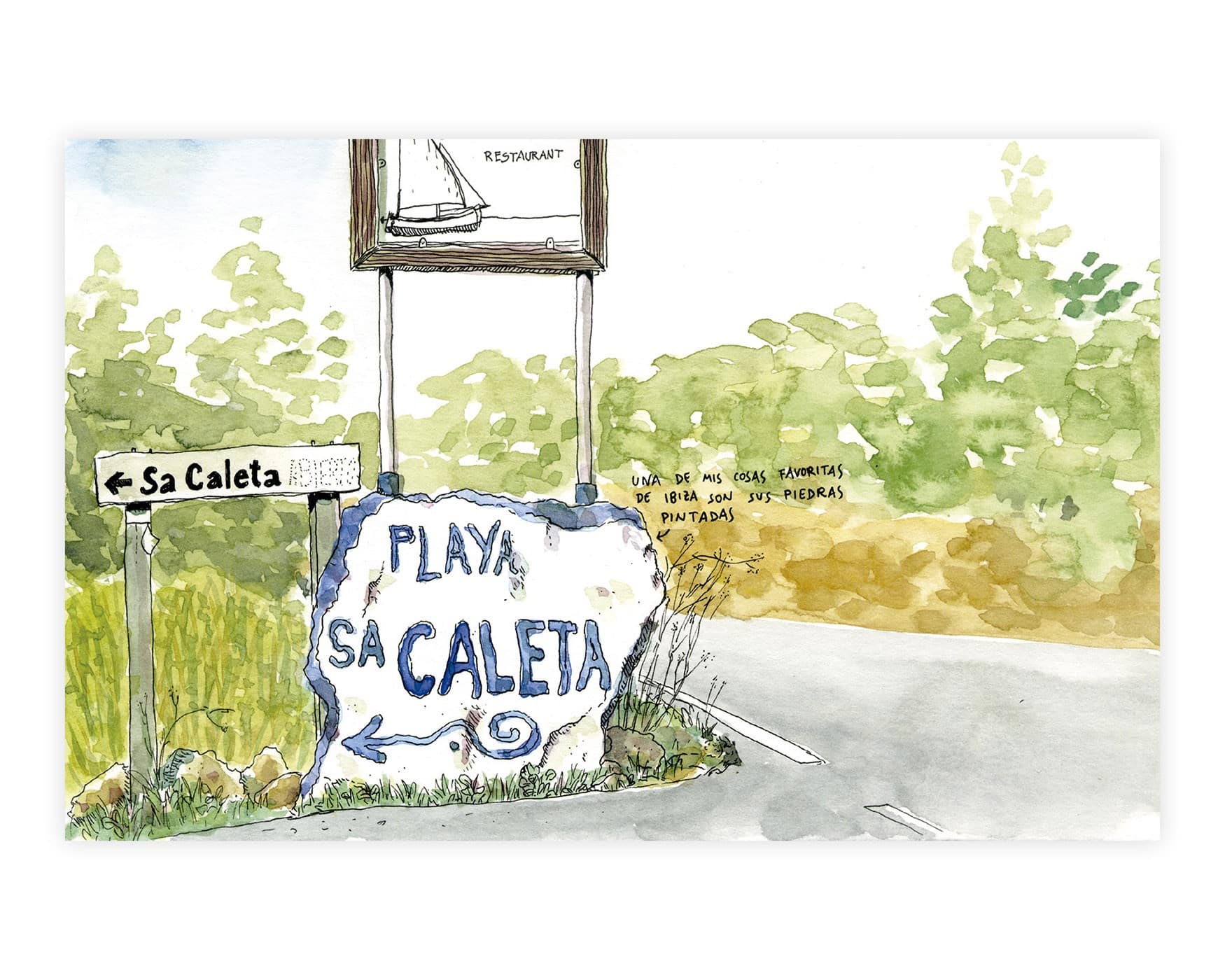 Disegno di una pietra dipinta sulla spiaggia di Sa Caleta, Ibiza. Isole Baleari. Illustrazione di viaggio.
