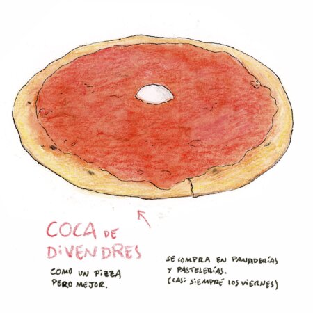 Coca d'oliva de divendres (Friday) of tomato, bell pepper and egg. Valencian gastronomy