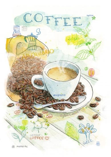 Espresso coffee and beans watercolor illustration poster. Paintings for kitchens