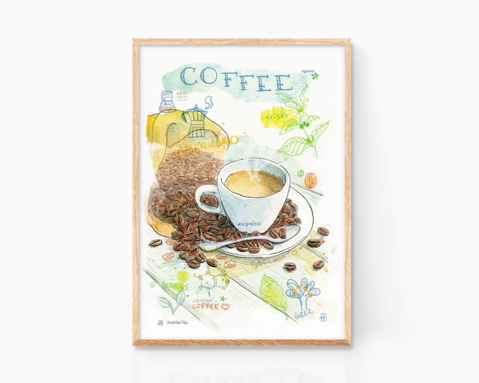 Espresso coffee and beans watercolor illustration poster. Wall art print for kitchens
